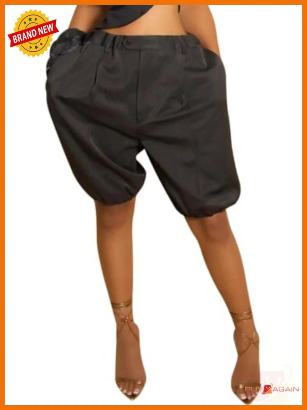 Bermuda Shorts for Women Baggy Knee Length Elastic Waist High Waisted Wide Leg